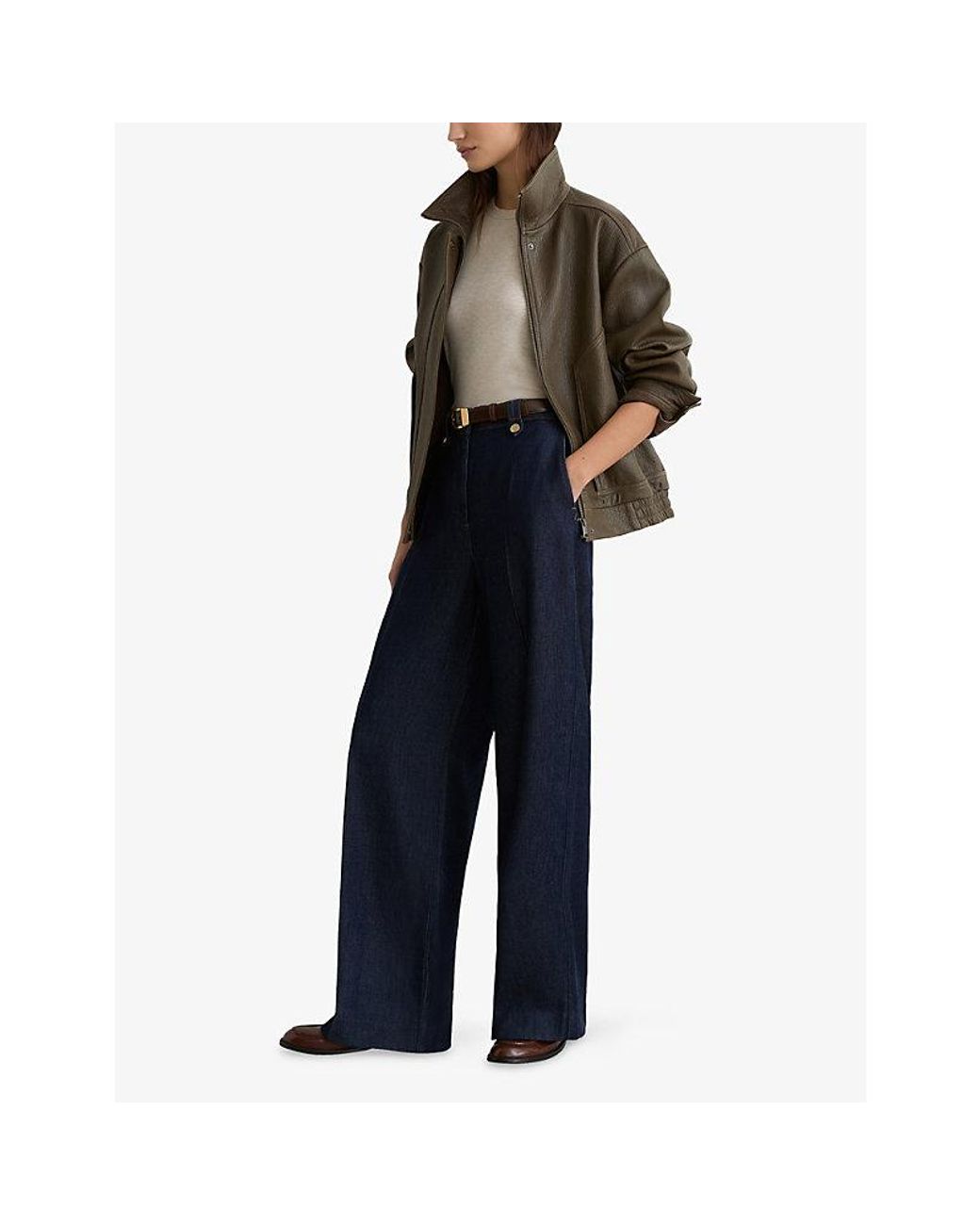 Reiss Brown Cara Funnel-Neck Suede Bomber Jacket