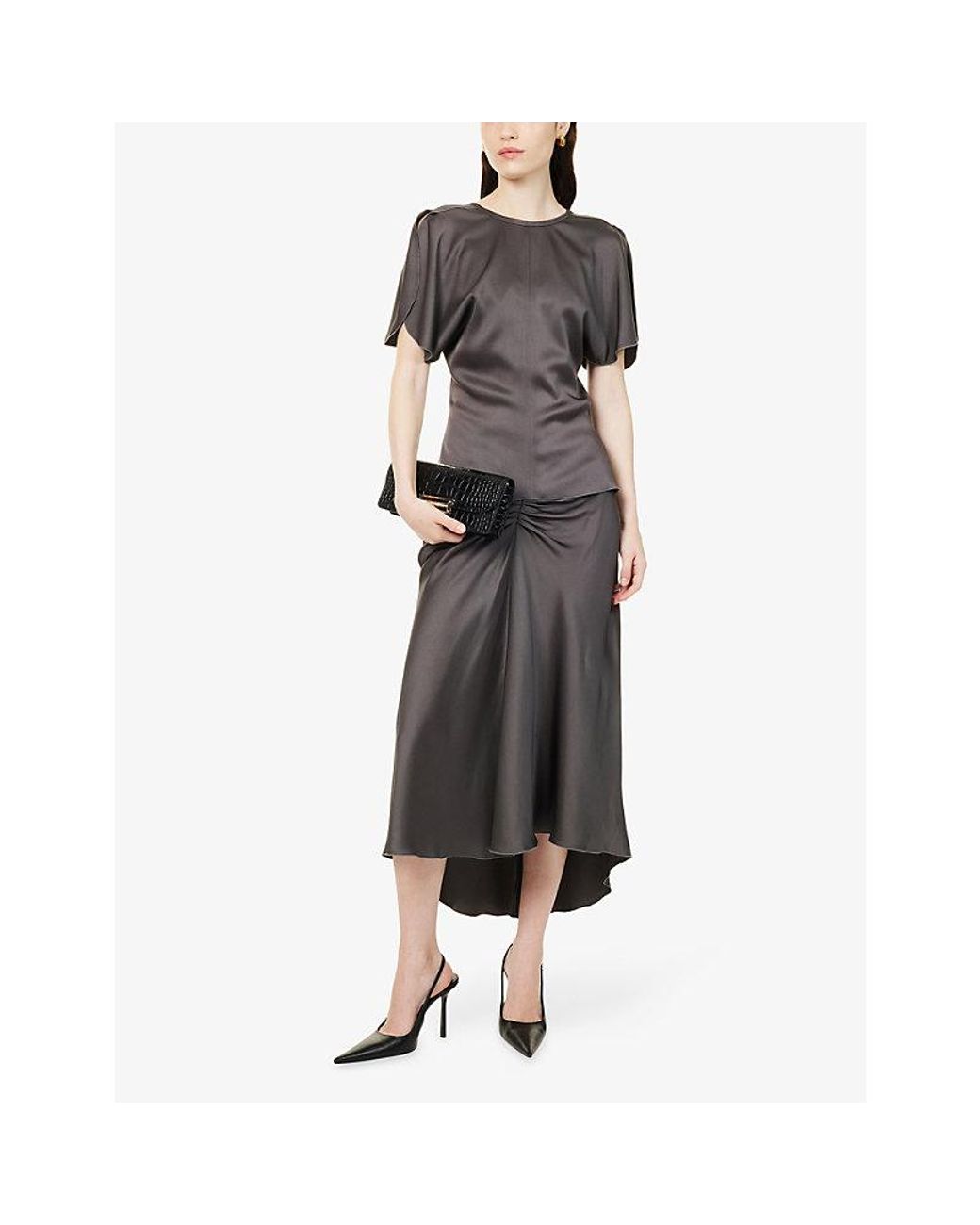 Victoria Beckham Gray Bela Open-Sleeve Satin Top