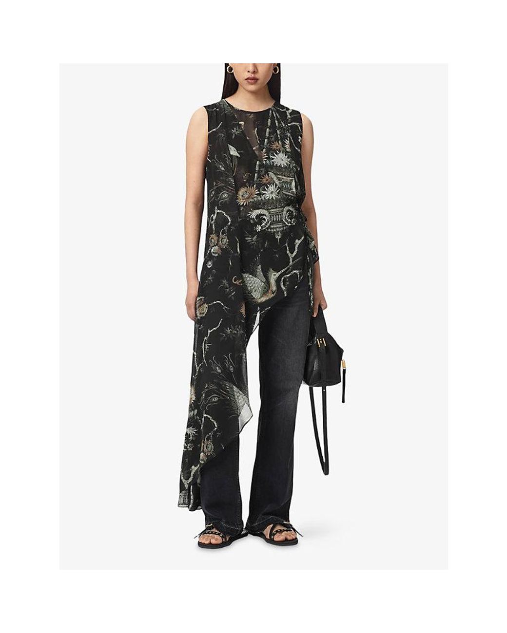 AllSaints Black Enola Graphic-Print Asymmetric-Hem Woven Top