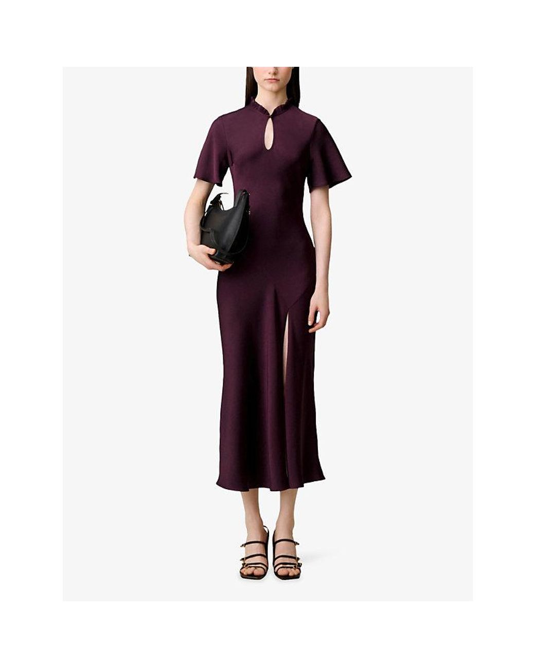 Claudie Pierlot Purple Short-Sleeved Keyhole Satin Midi Dress