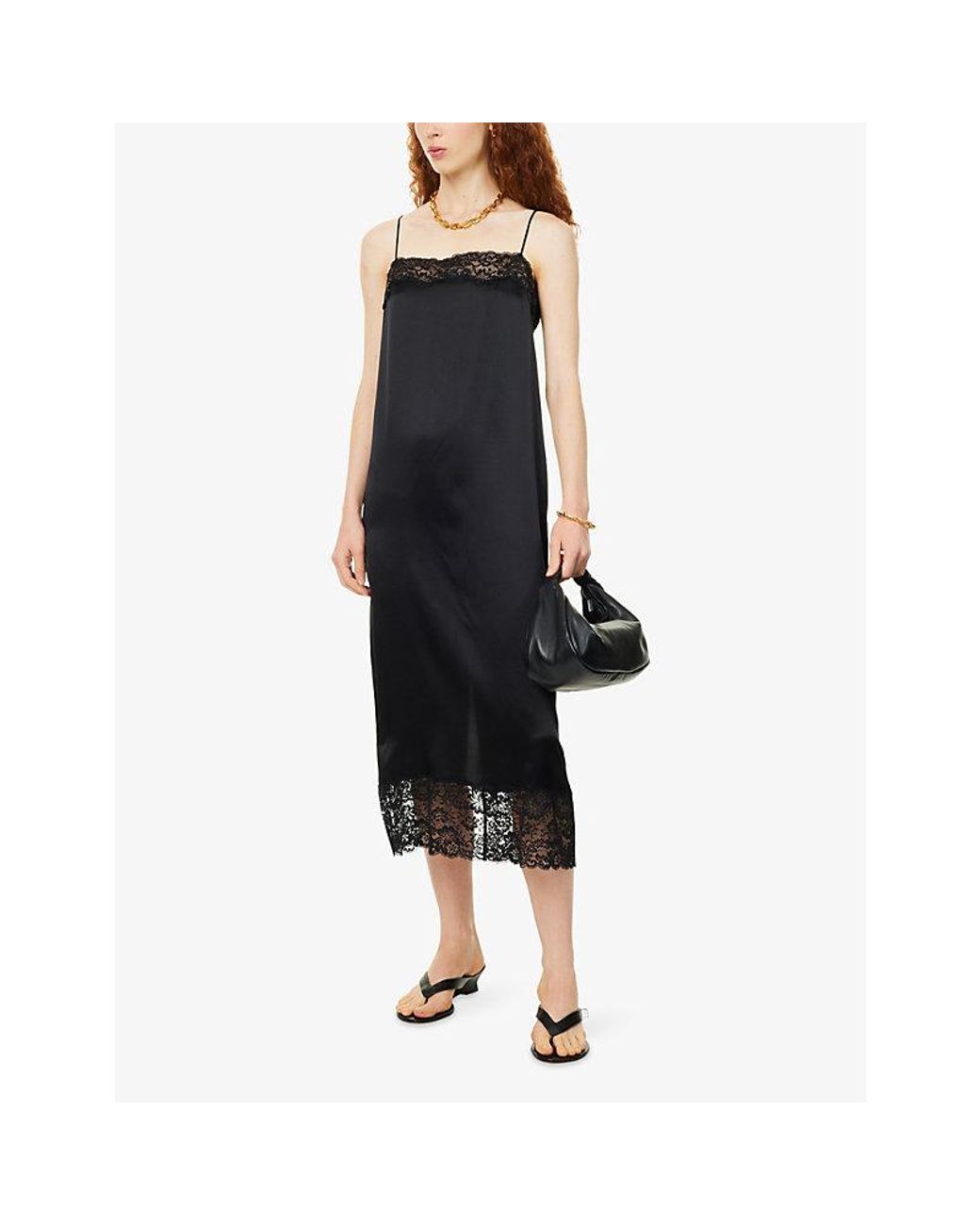 Reformation Black Mackenzie Lace-Trim Silk Midi Dress