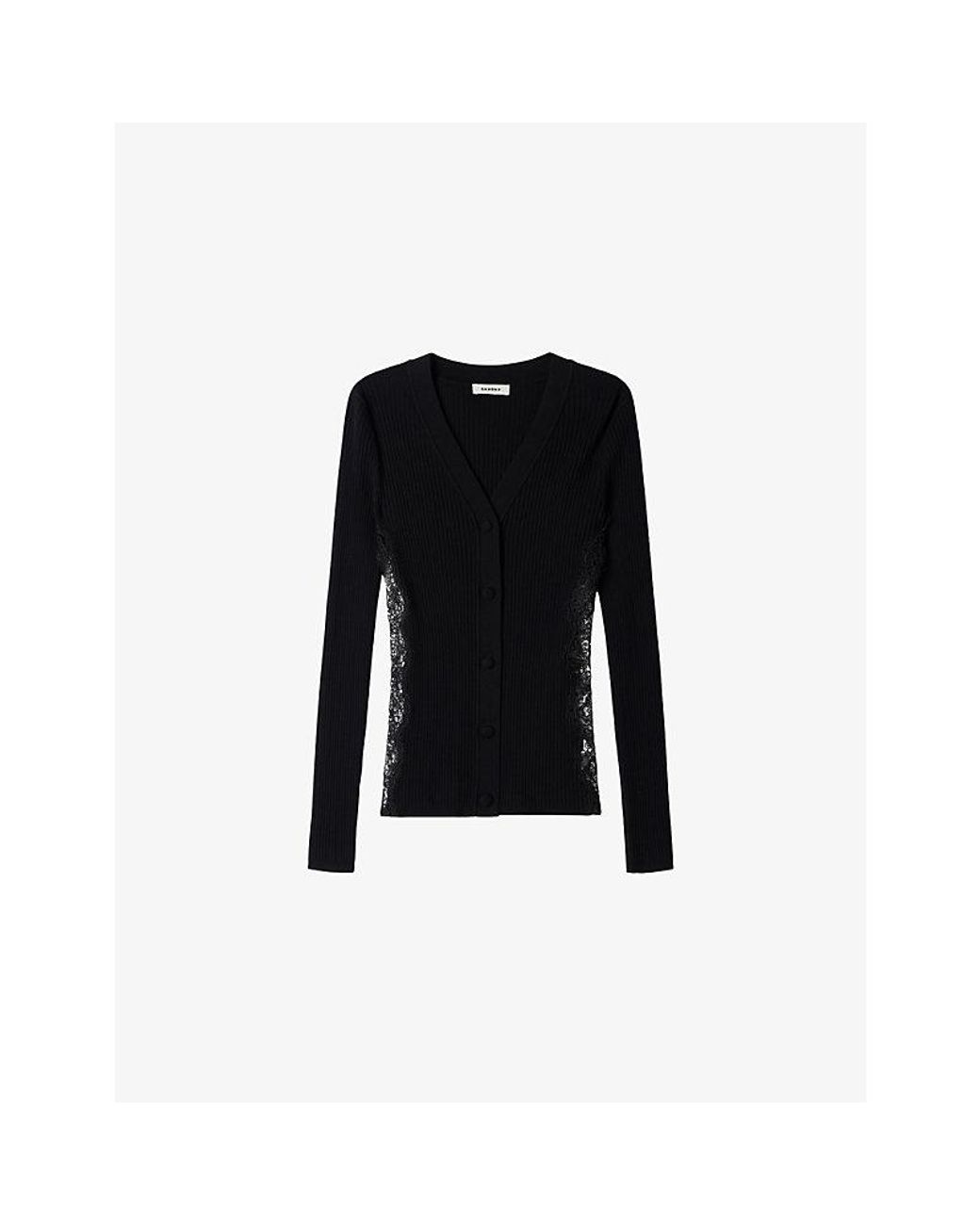 Sandro Black V-Neck Lace-Panel Knitted Cardigan