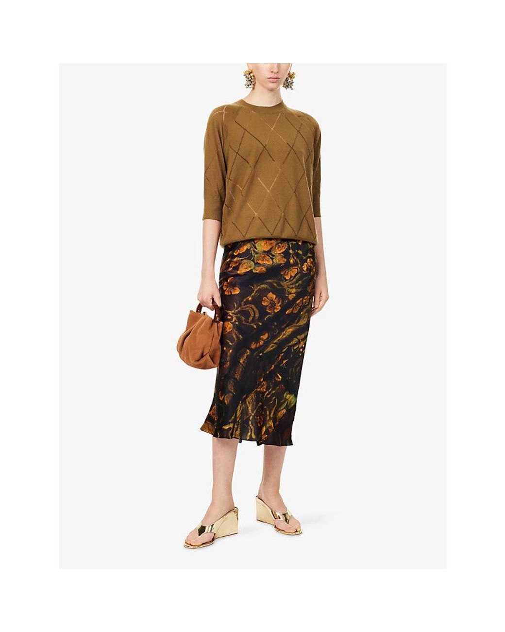 Dries Van Noten Brown Floral-Print Silk Midi Skirt