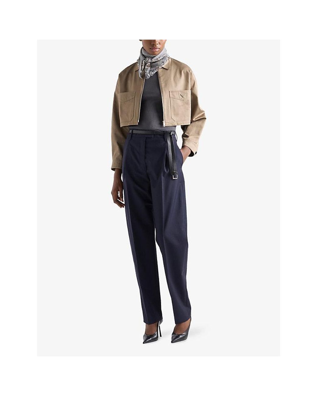 Prada Blue Logo-Plaque Ribbed Silk Top