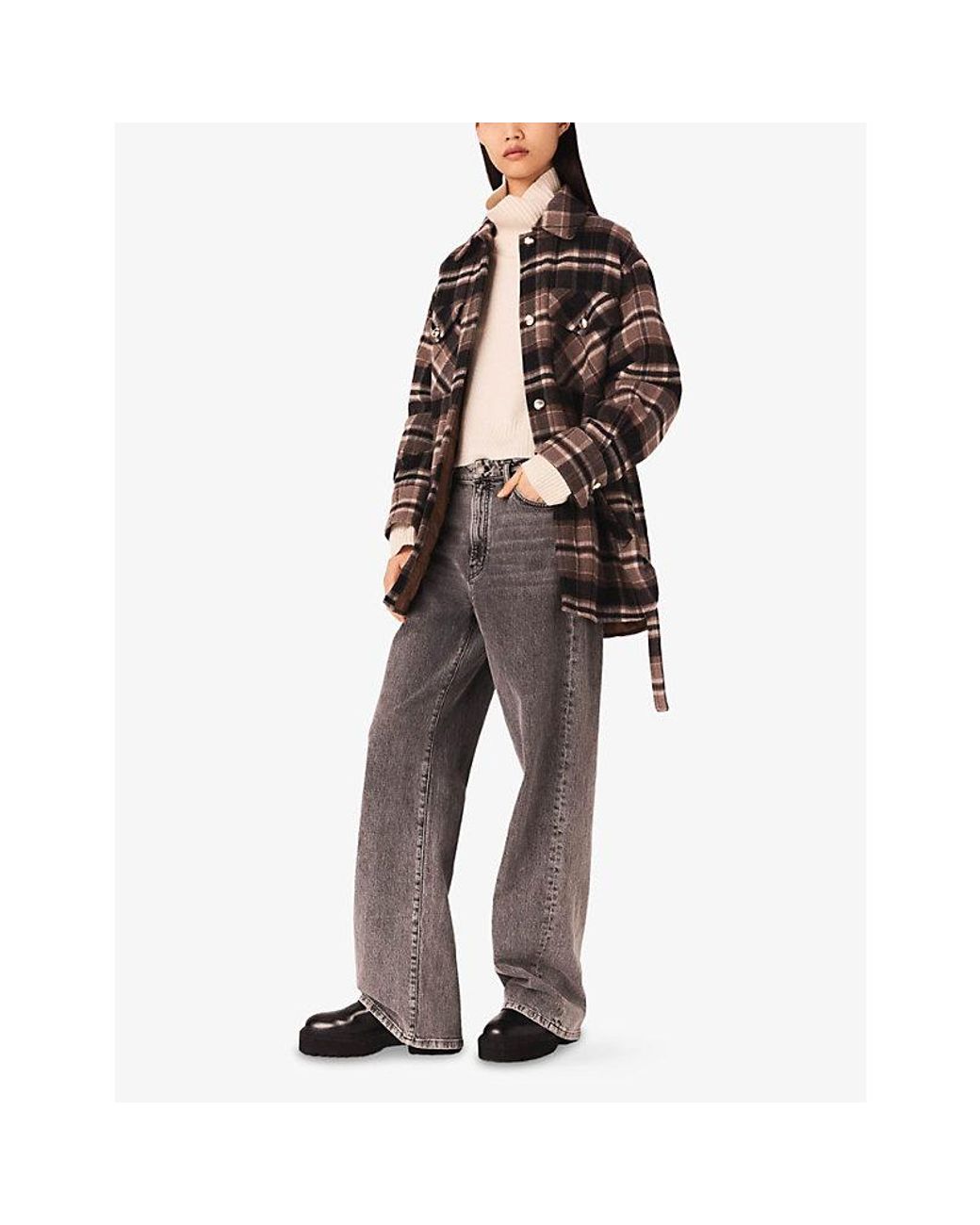 Maje Brown Checked Flap-Pocket Wool-Blend Coat