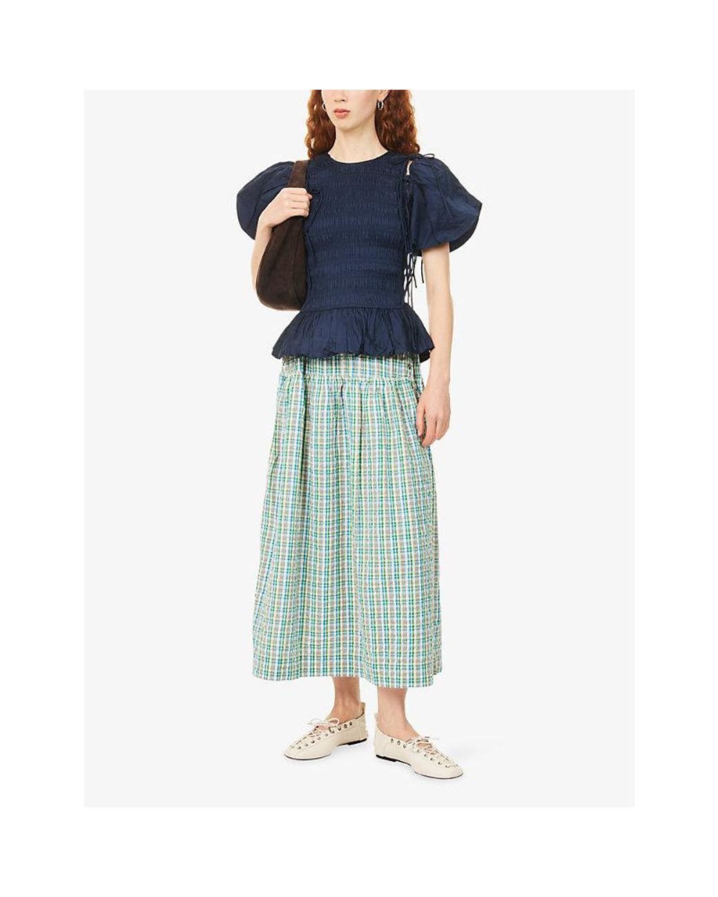 Damson Madder Blue Josie Checked Cotton Midi Skirt