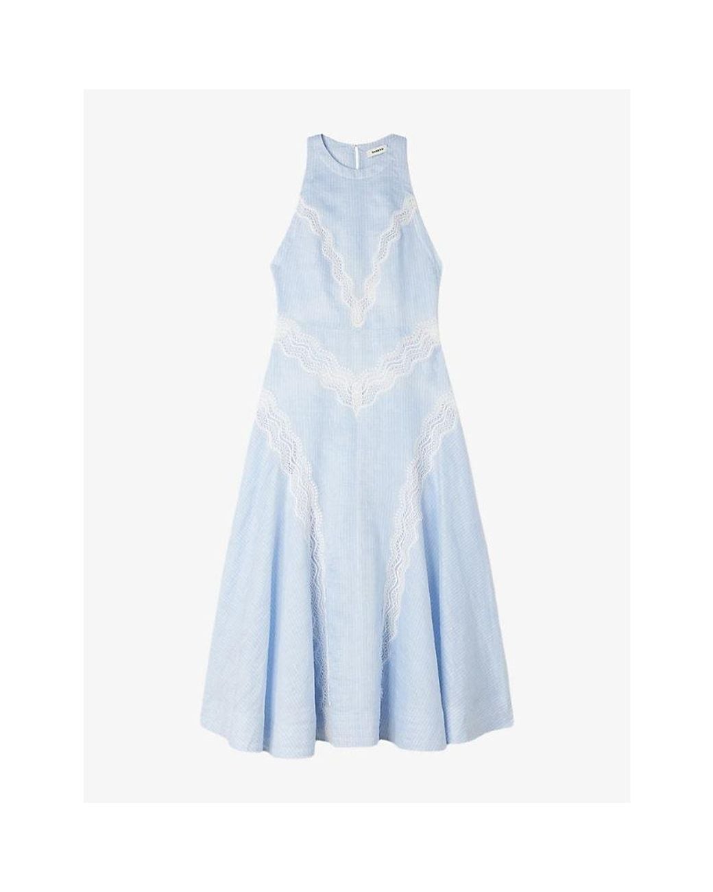 Sandro Blue Lace-Trim Linen-Blend Maxi Dress