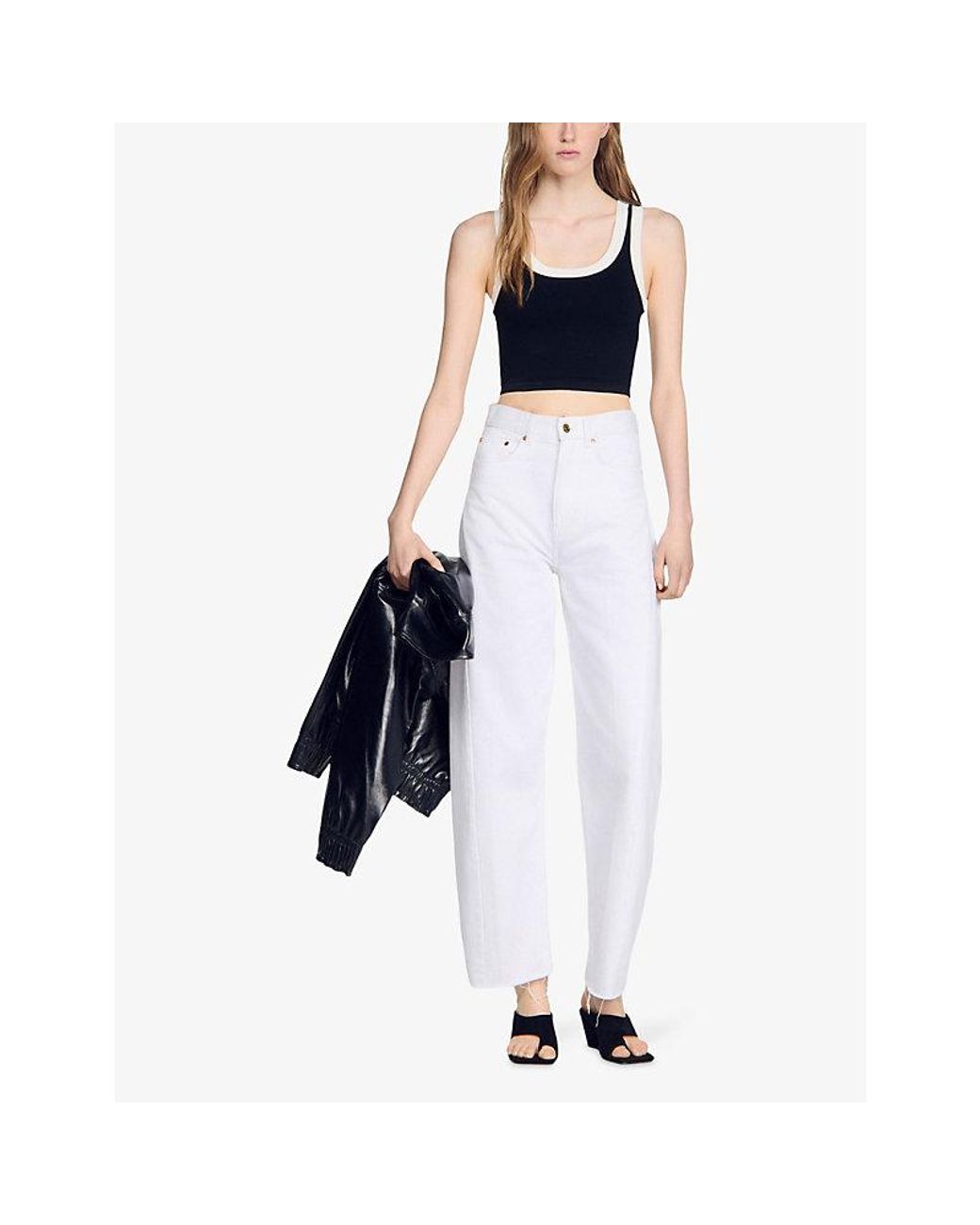 Sandro Black Scoop-Neck Cropped Knitted Top