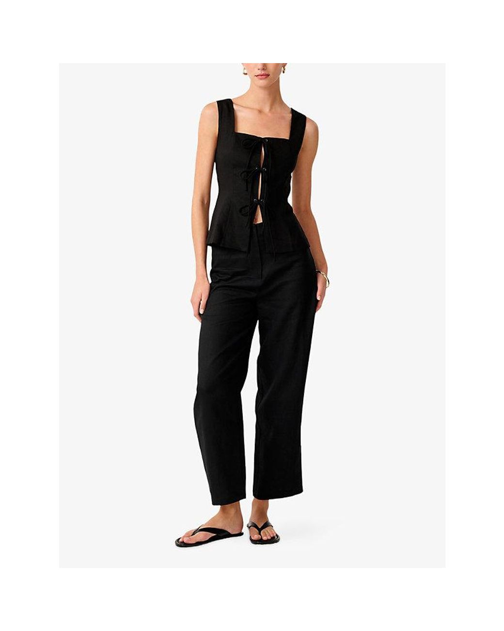 OMNES Black Oprah Lace-Up Linen-Blend Top
