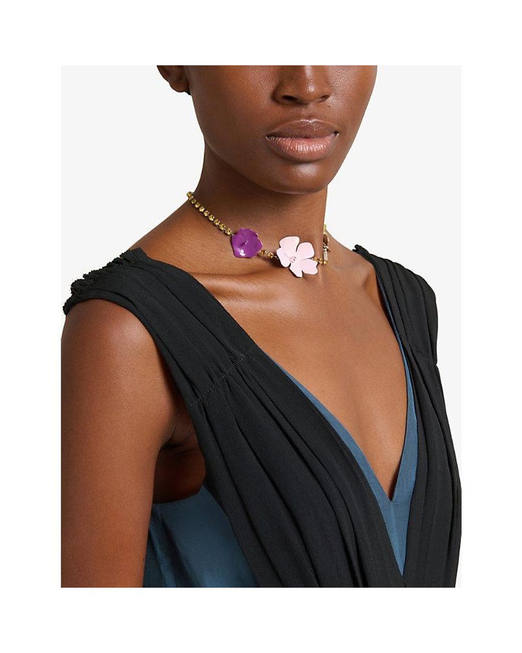 Marni Green Enamel Flower And Rhinestone Brass Necklace