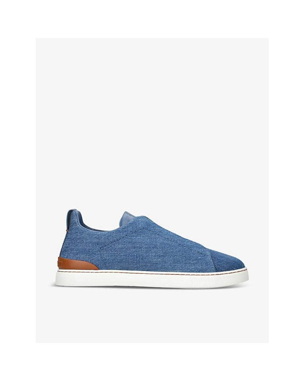 Zegna Blue Triple Stitch Contrast-Sole Denim Low-Top Trainer for men