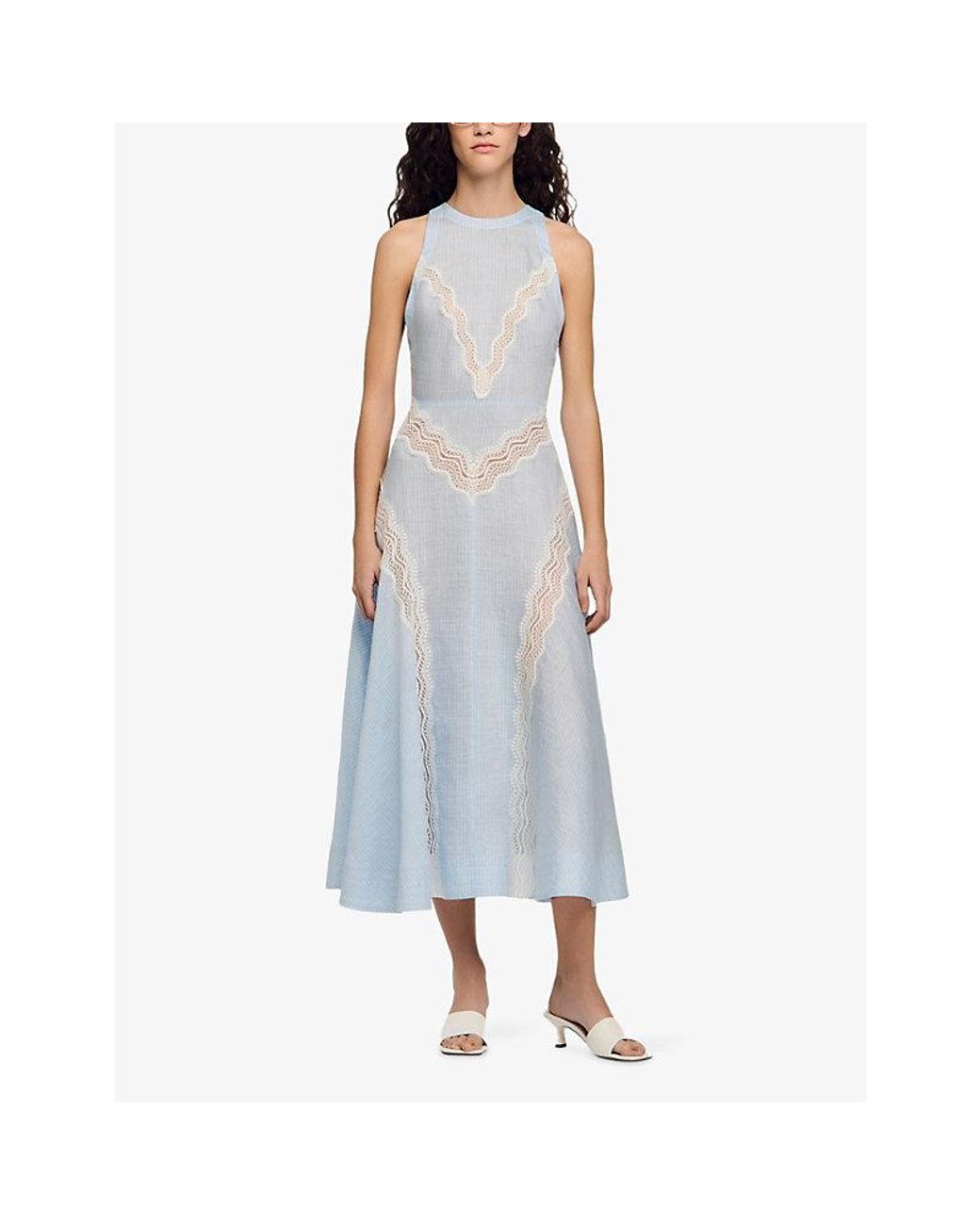 Sandro Blue Lace-Trim Linen-Blend Maxi Dress