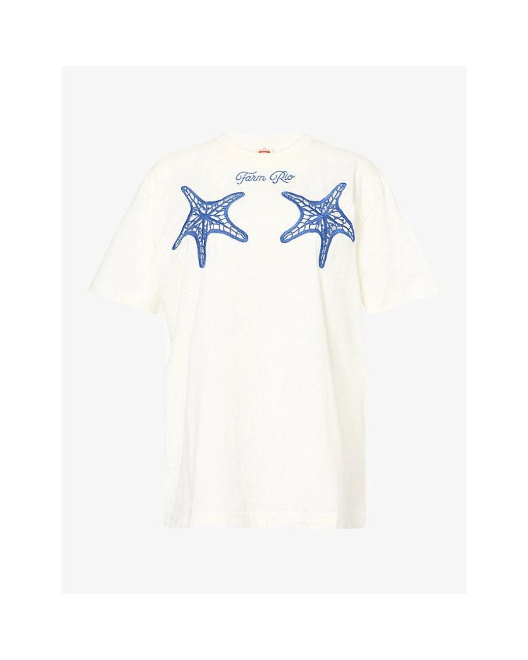 Farm Rio Blue Starfish-Embroidered Cotton T-Shirt