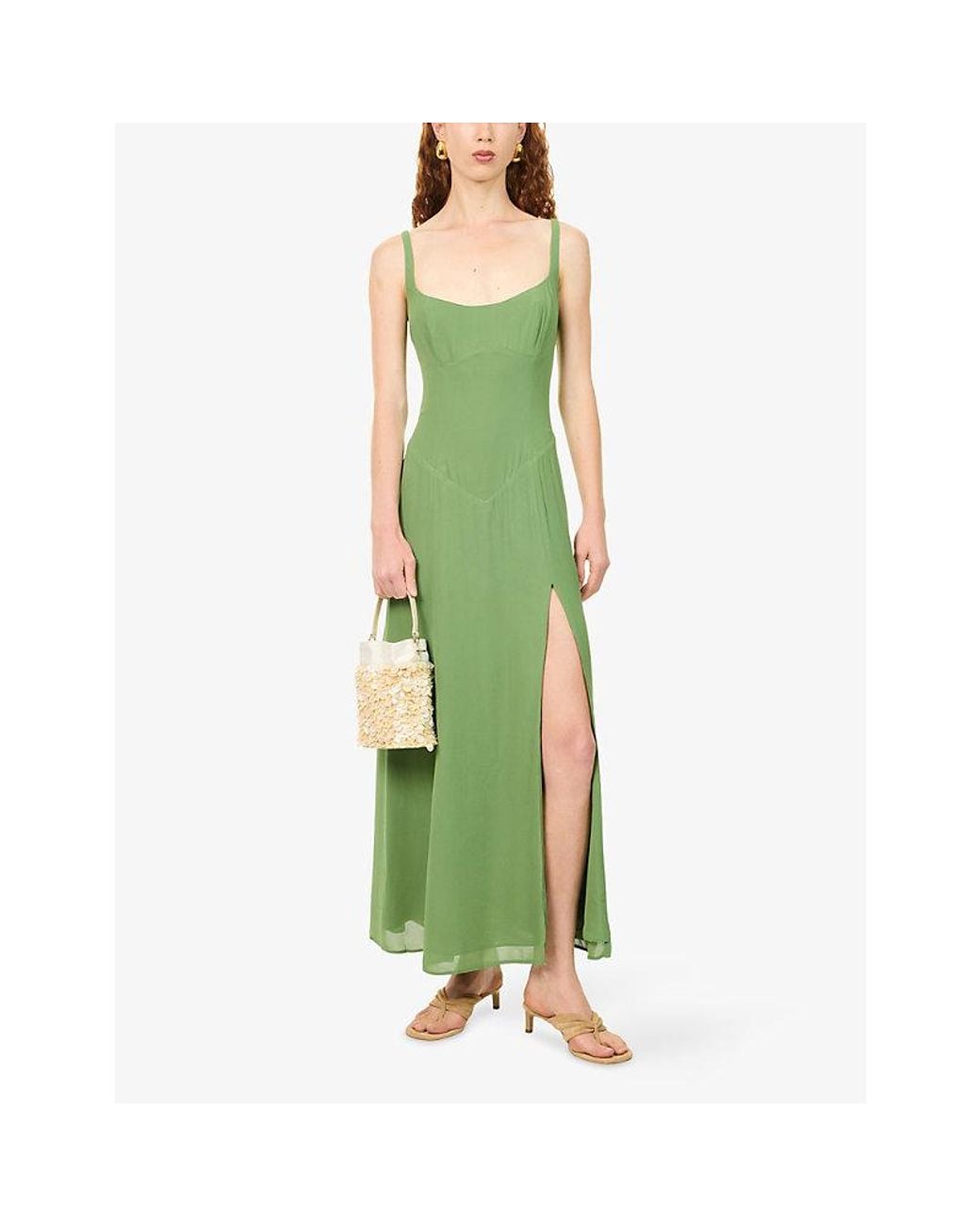 Reformation Green Ailany Square-Neck Woven Midi Dress