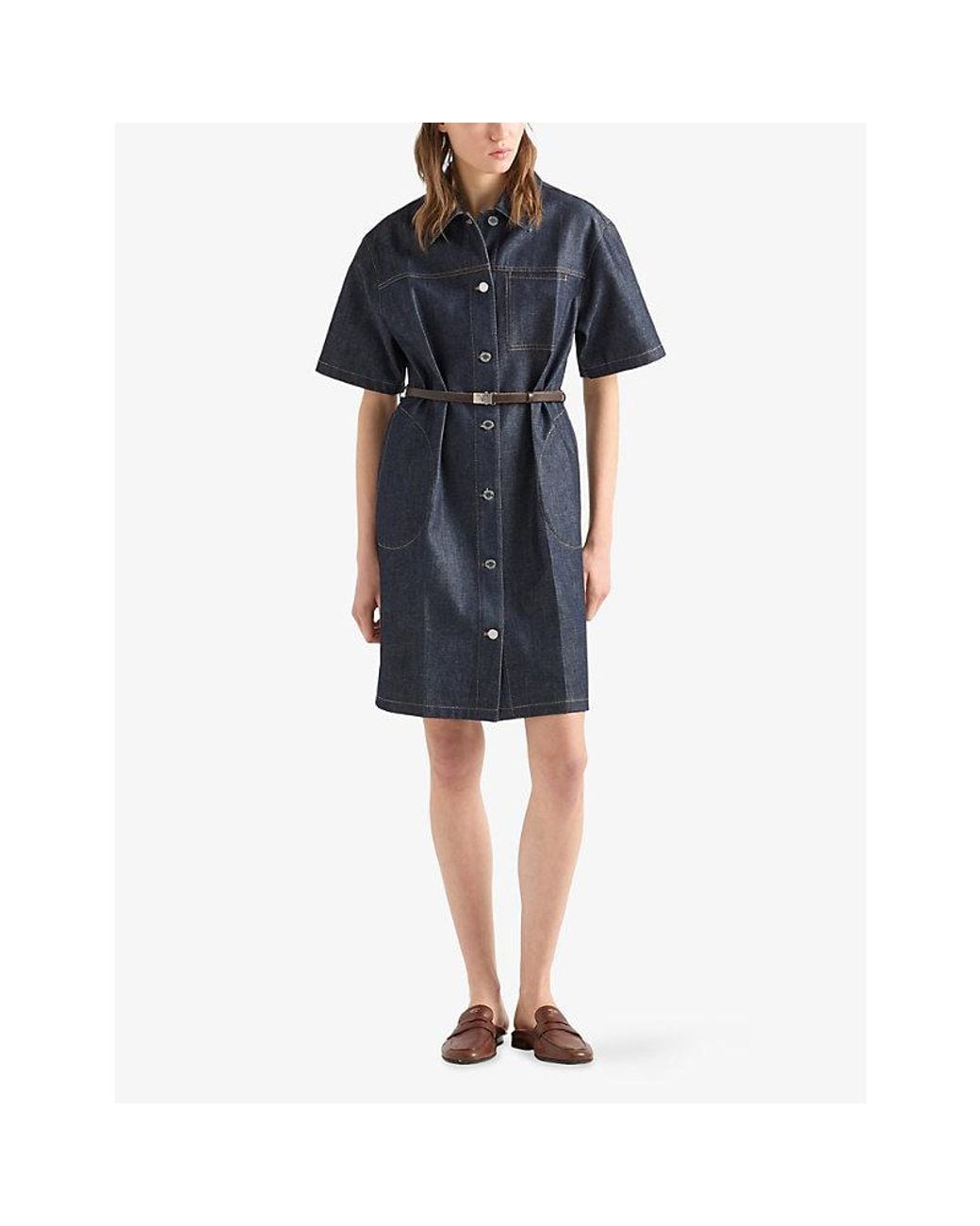 Prada Blue Short-Sleeve Belted Denim Mini Dress