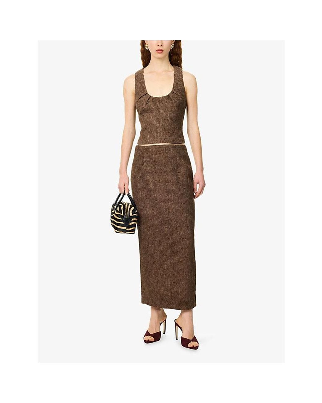 Odd Muse Brown Ruched Scoop-Neck Tweed Woven Top