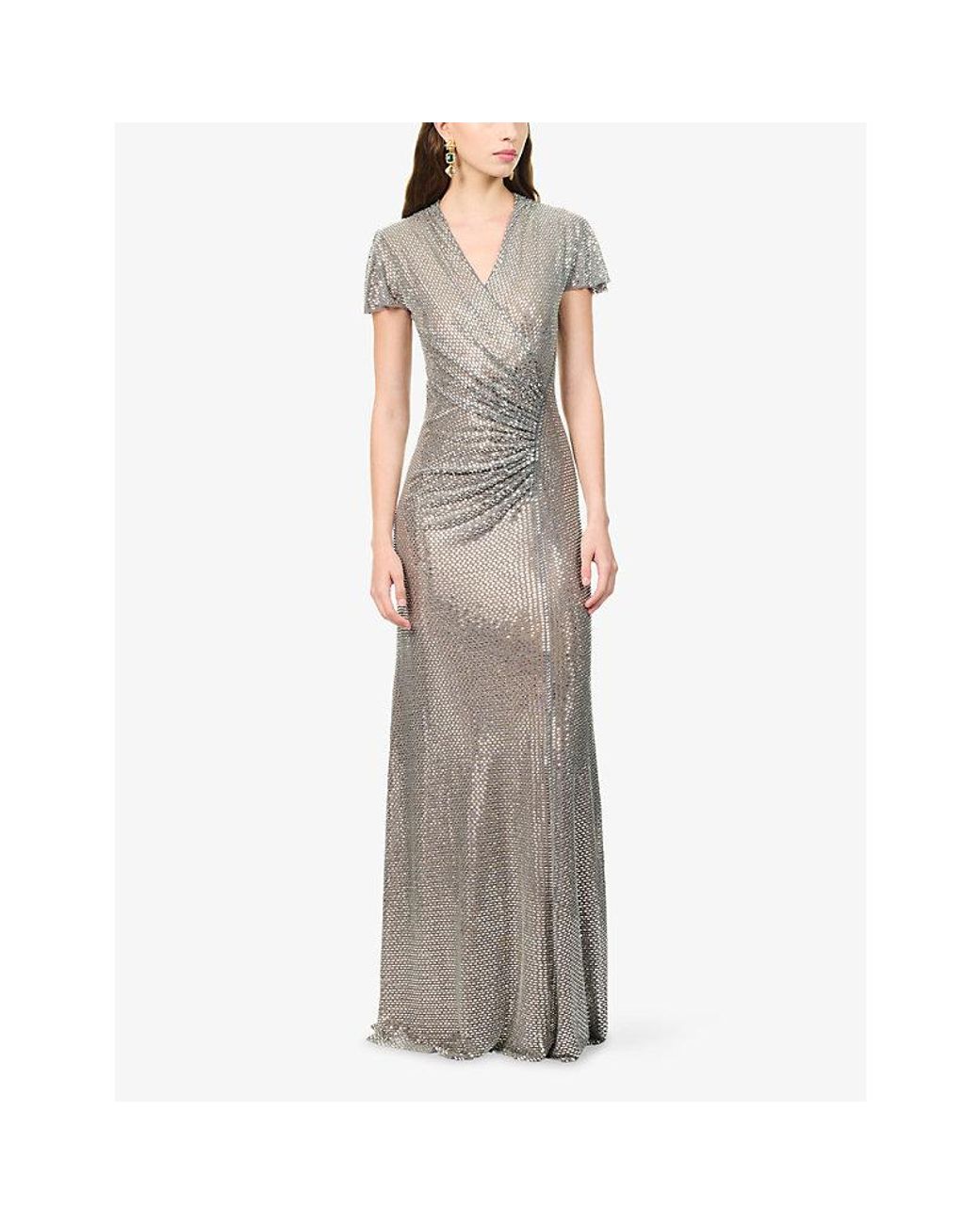 Self-Portrait Gray Rhinestone-Embellished V-Neck Stretch-Woven Maxi Dress