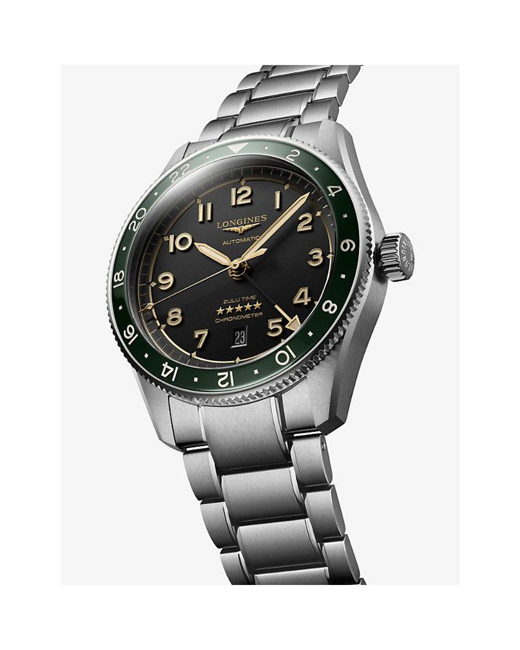 Longines Black L3.812.4.63.6 Spirit Zulu Time 42Mm Ceramic Bezel Stainless-Steel Automatic Watch for men