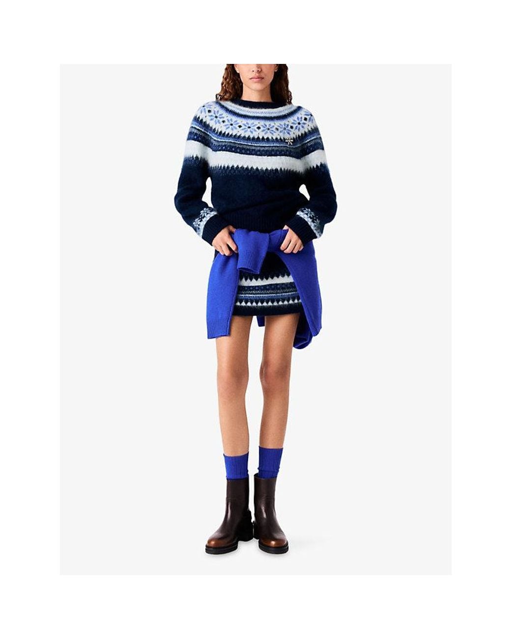 Maje Blue Jacquard Fair-Isle Wool Jumper