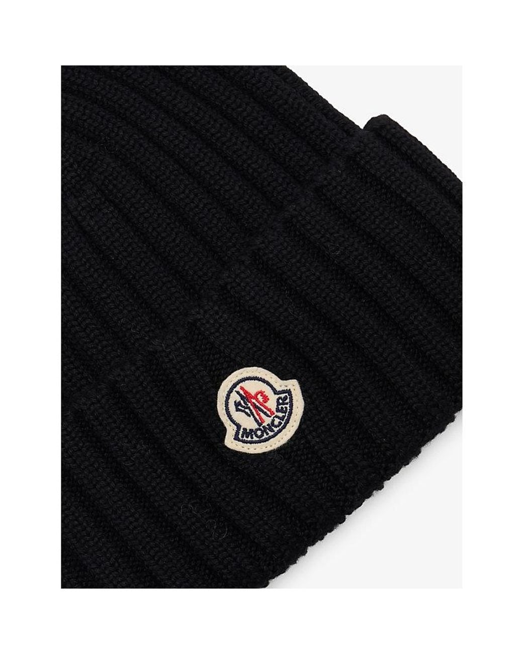 Moncler Black Logo-Patch Ribbed Wool Beanie Hat