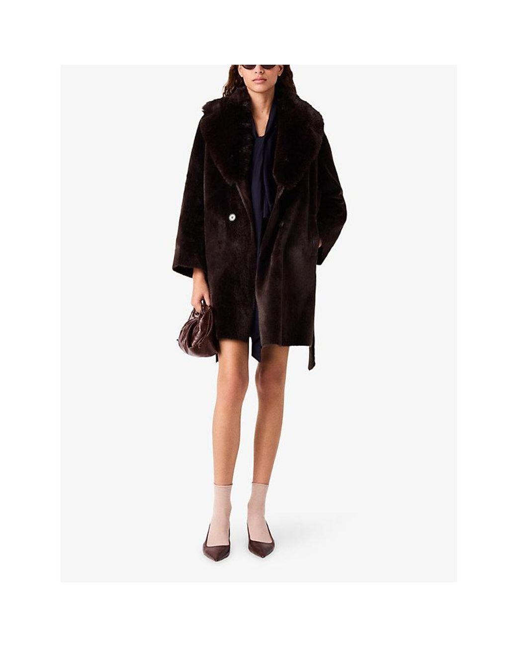 Maje Black Oversized-Lapel Belted Faux-Fur Coat