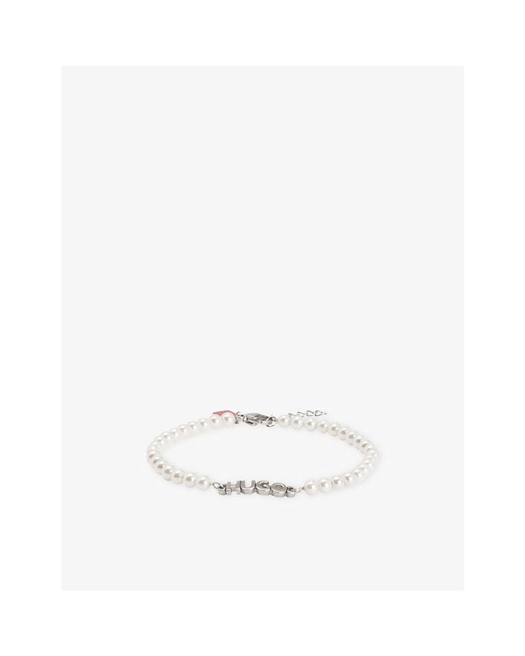 HUGO White Logo-Plaque Stainless-Steel And Pearl Bracelet