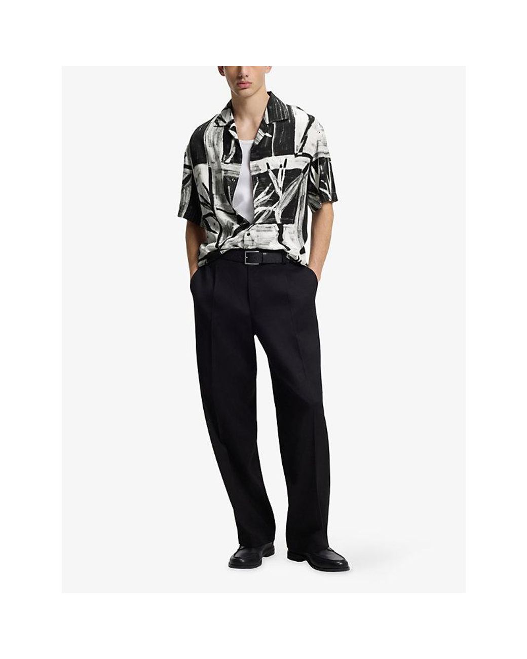 HUGO Black Oversized Abstract-Print Woven Shirt for men