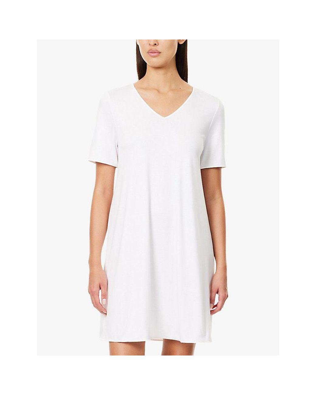 Hanro White V-Neck Short-Sleeves Cotton-Jersey Nightdress