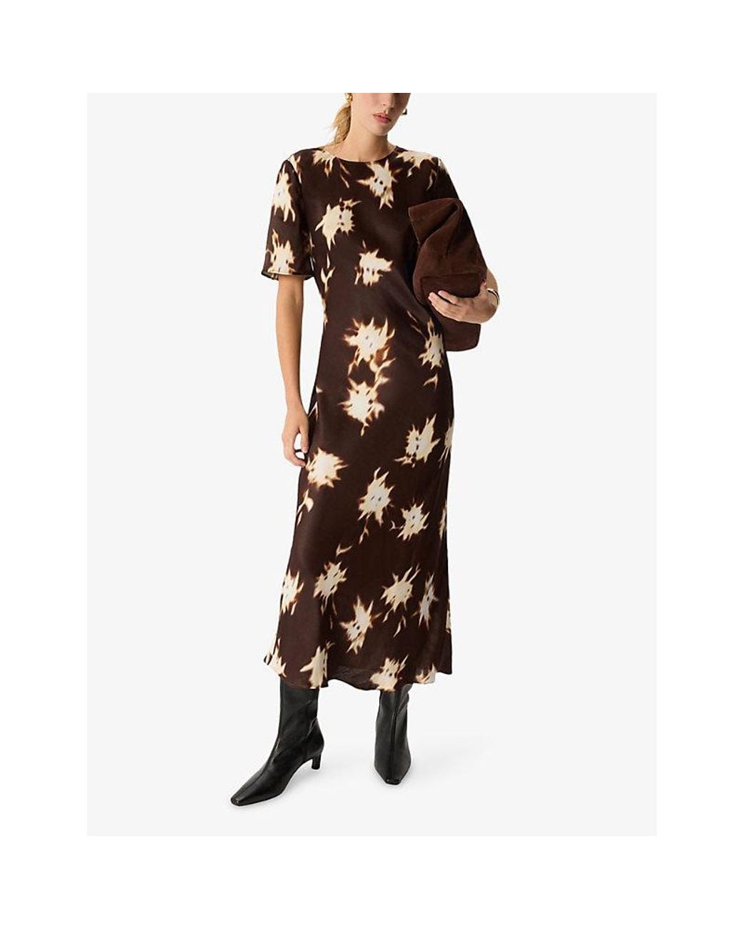 Whistles Brown Shadow Floral-Print Woven Midi Dress