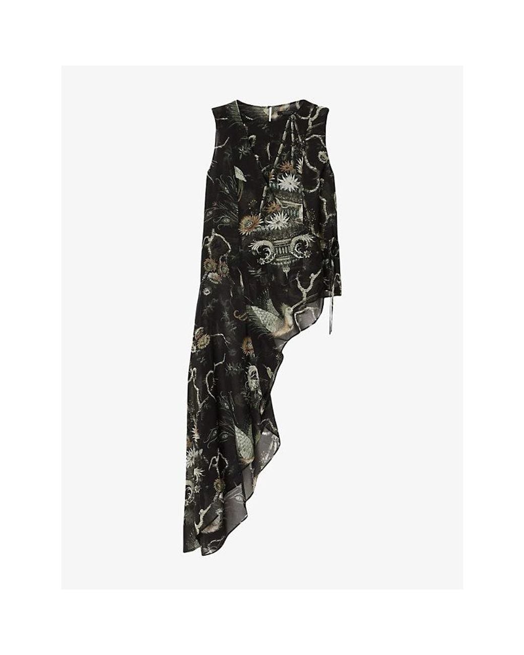 AllSaints Black Enola Graphic-Print Asymmetric-Hem Woven Top