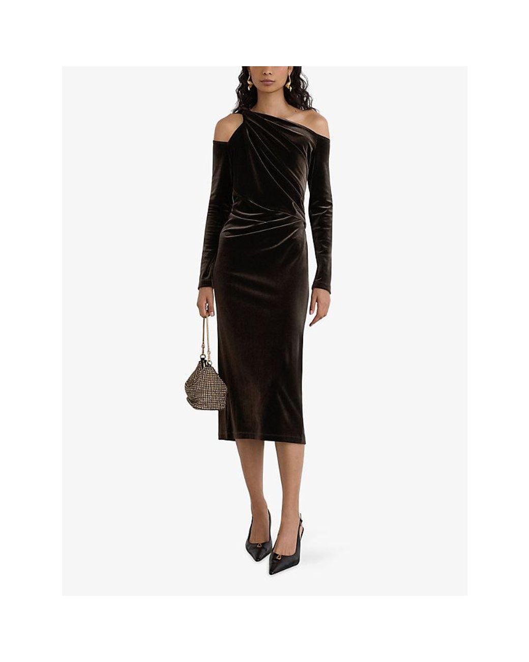 Reiss Black One-Shoulder Velvet Midi Dress