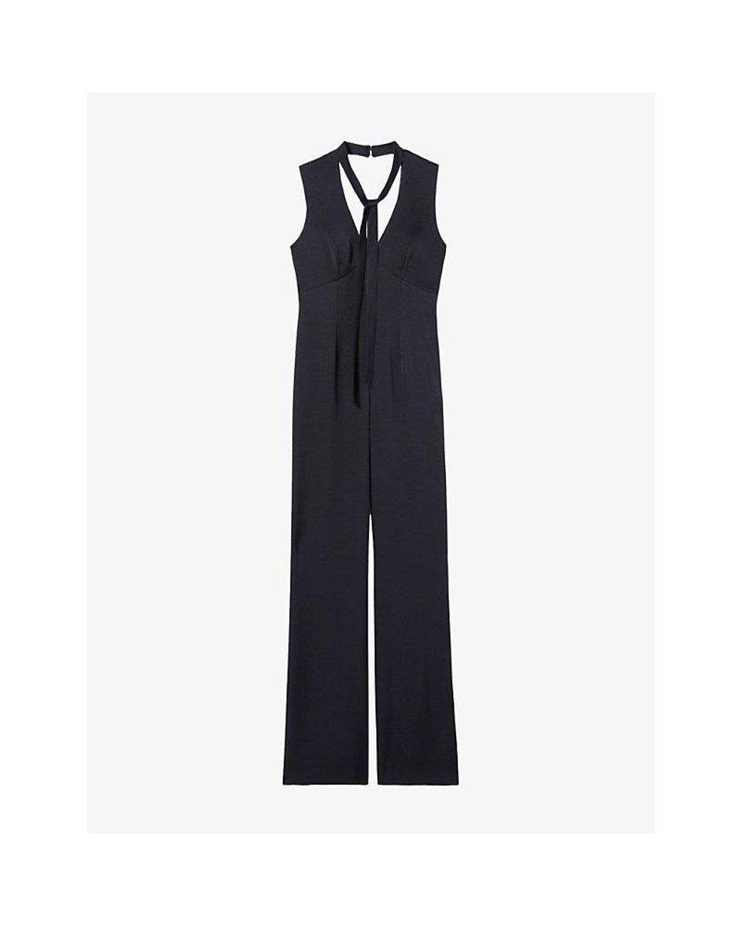 Claudie Pierlot Blue Tie-Neck Flared Satin Jumpsuit