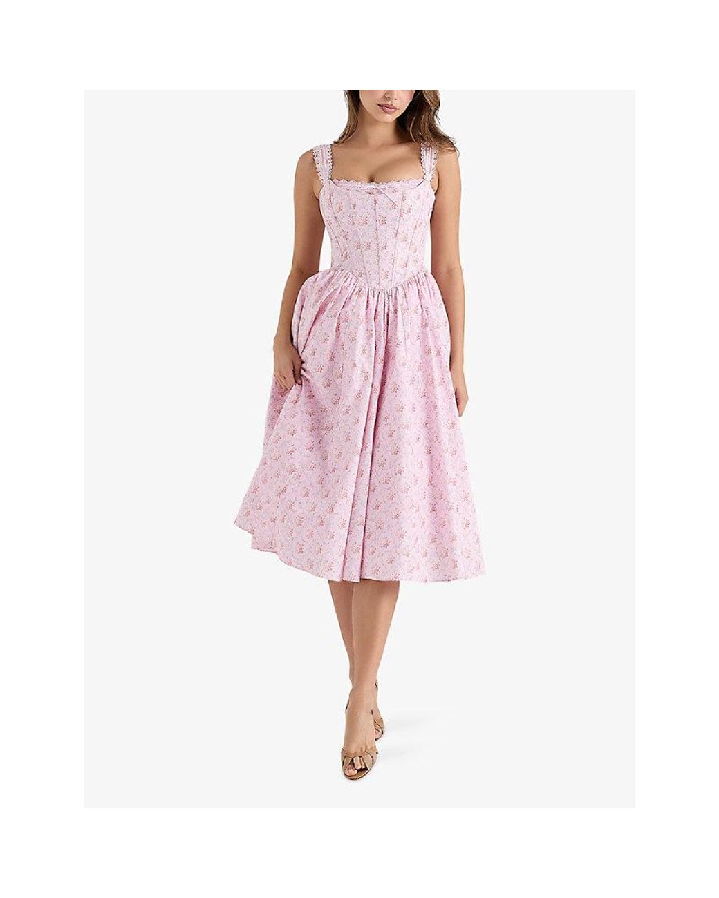 House Of Cb Pink Amara Floral-Print Lace-Embroidered Stretch-Cotton Midi Dress Xs (A-C Cup)
