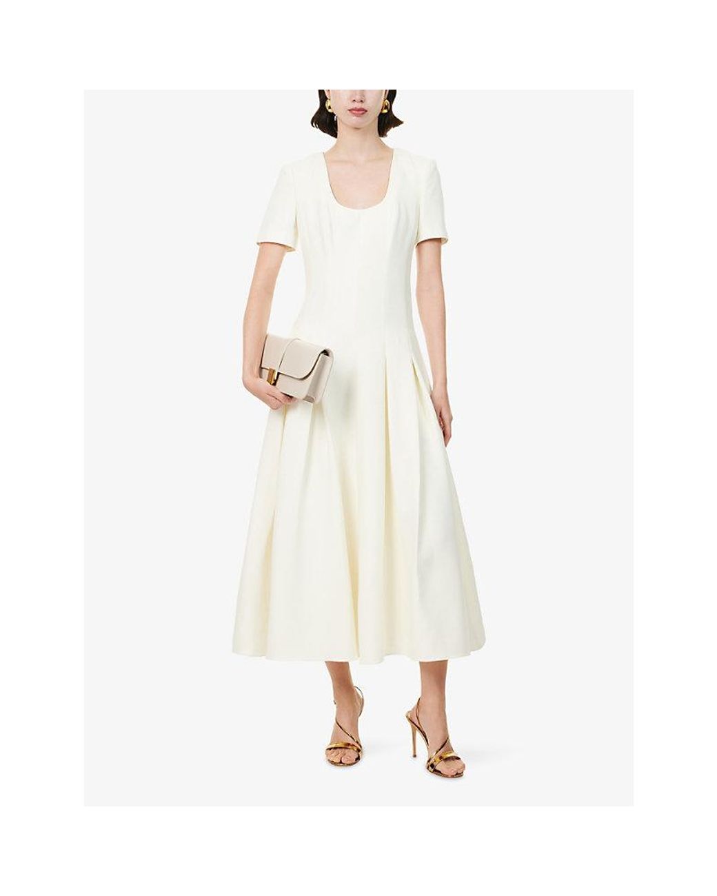 Roland Mouret White Scoop-Neck Pleated Wool-And-Silk Midi Dress