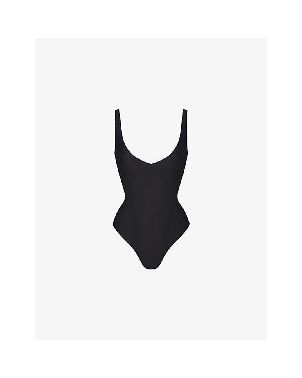 Skims Black Plunge-Neck Thong Stretch-Woven Bodysuit