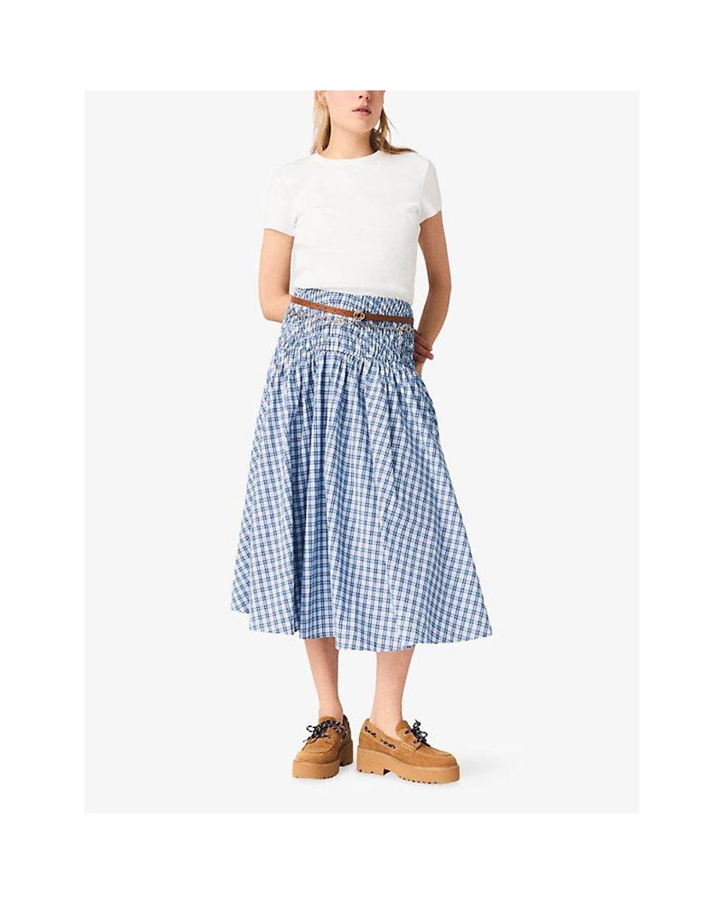 Maje Blue Checked Rhinestone-Embellished Cotton Maxi Skirt