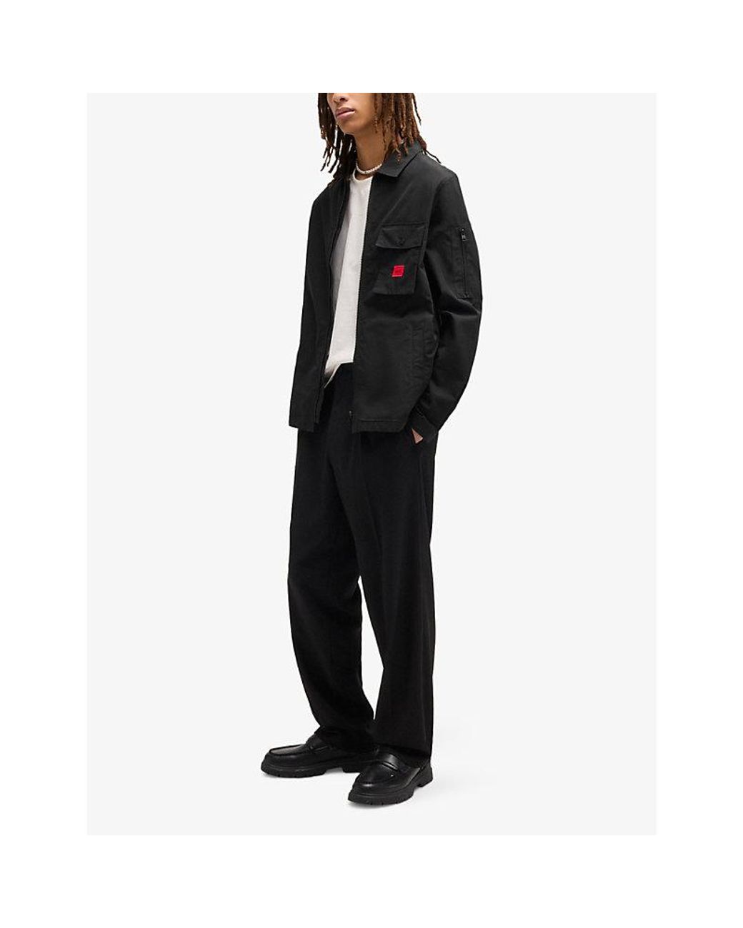 HUGO Black Brand-Patch Flap-Pocket Cotton-Blend Overshirt for men