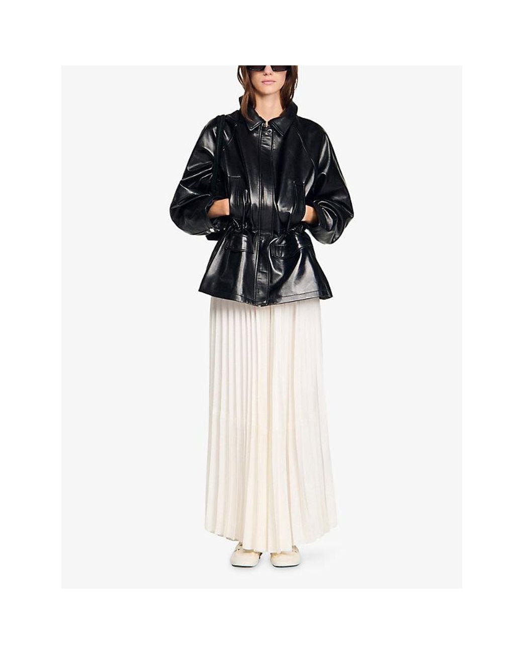 Sandro Black Side-Pocket Elasticated-Waist Leather Jacket