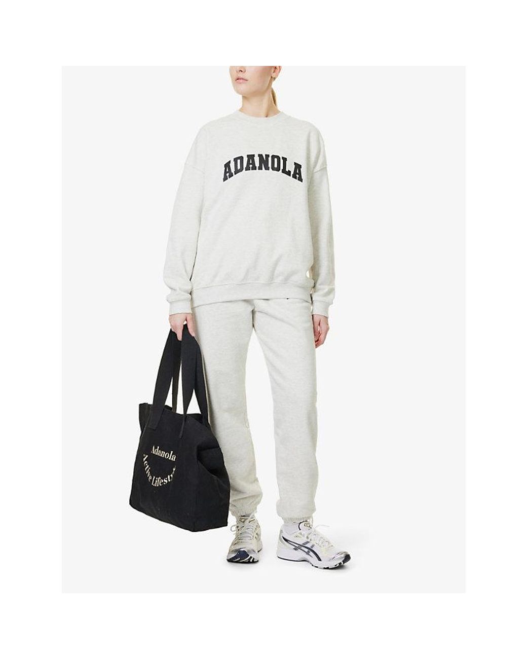 ADANOLA White Varsity Oversized Crewneck Cotton Fleece Sweatshirt