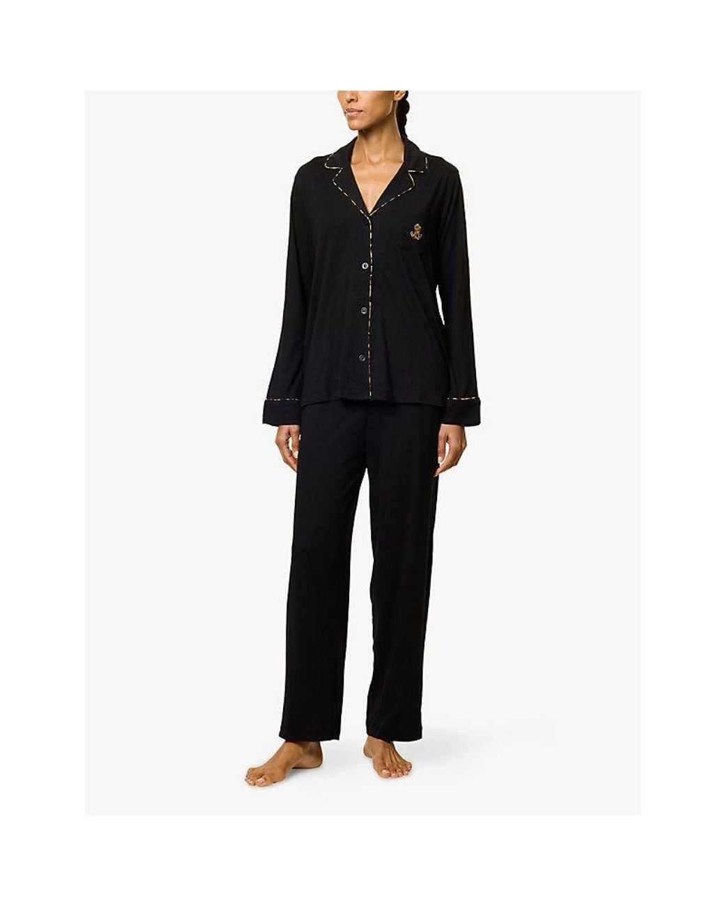 Ralph Lauren Black Embroidered-Logo Wide-Leg Cotton-Blend Pyjama Set