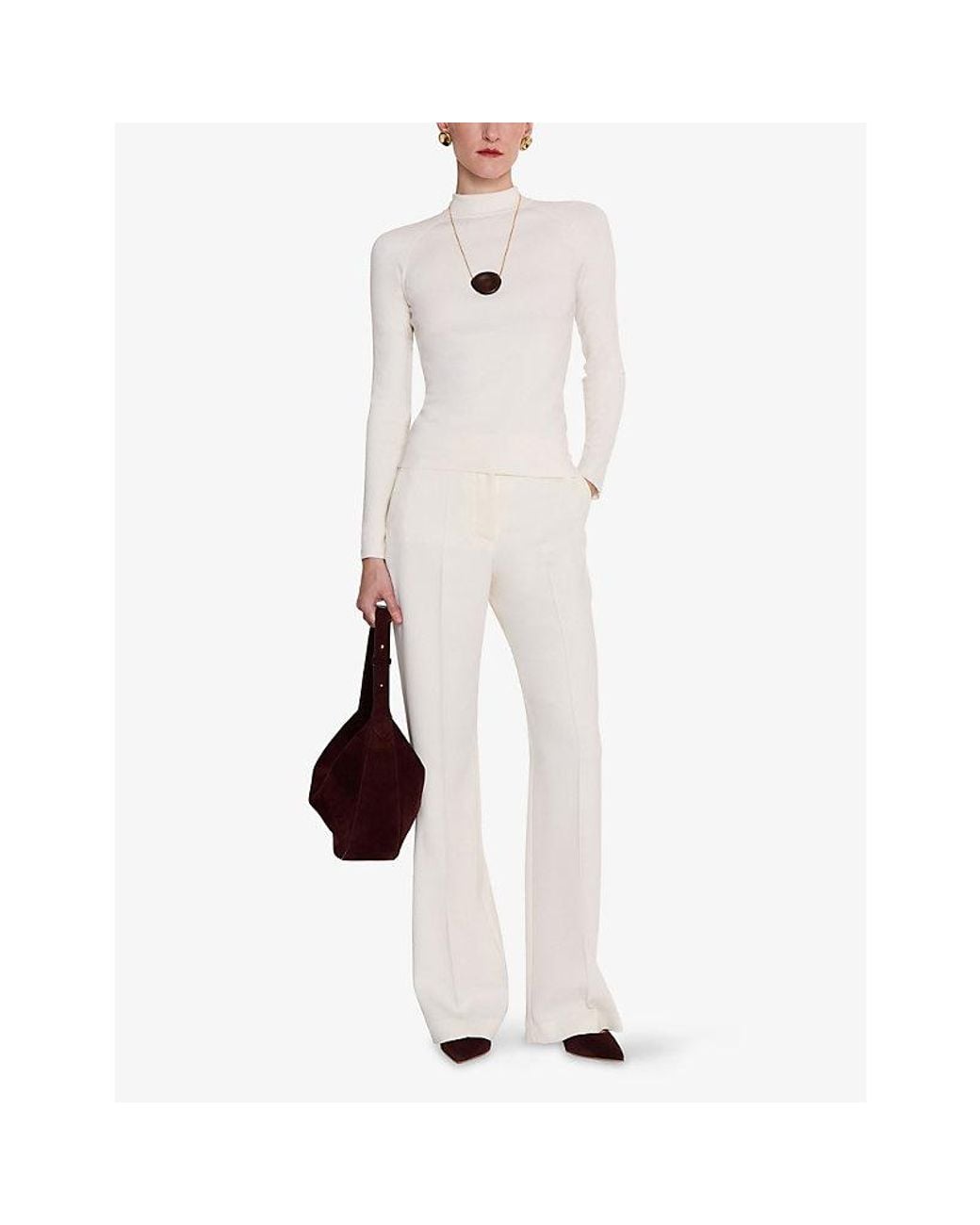 Joseph White Lola High-Neck Long-Sleeve Silk Top