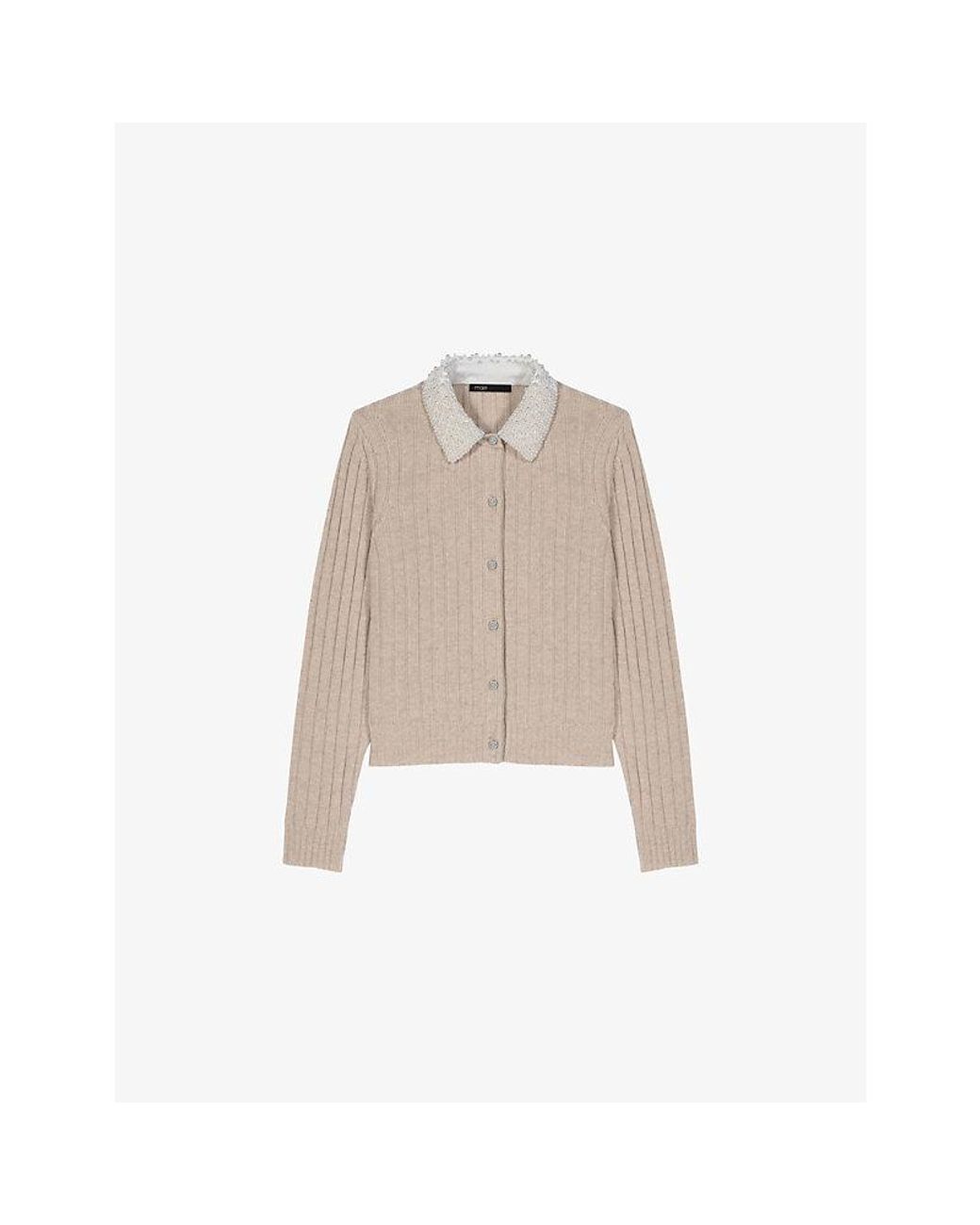 Maje Natural Beaded Removable-Collar Stretch Wool-Blend Cardigan