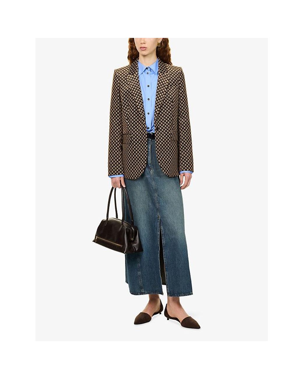 ME+EM Brown Sharp Shoulder Geometric-Print Velvet Blazer