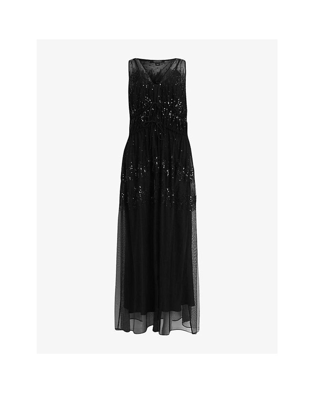 AllSaints Robyn Embellished Recycled-polyester Maxi Dress in Black