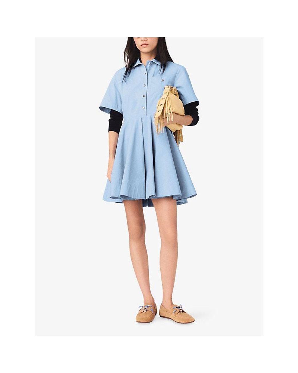 Maje Blue Flared Chest-Pocket Stretch-Cotton Shirt Dress