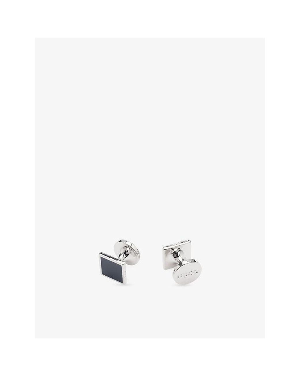 HUGO White Square Branded Metal And Enamel Cufflinks for men