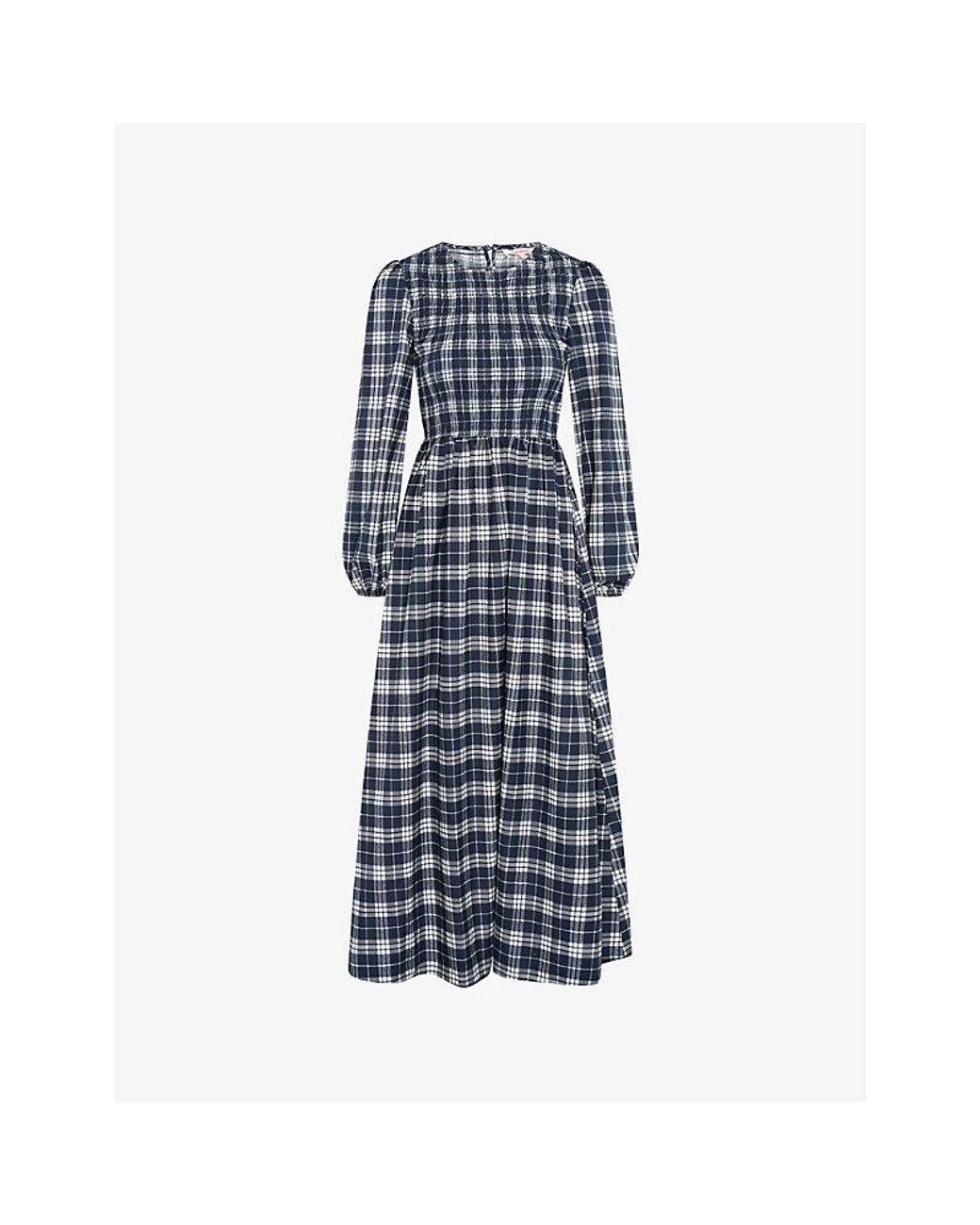 OMNES Blue Saint Checked Cotton Midi Dress