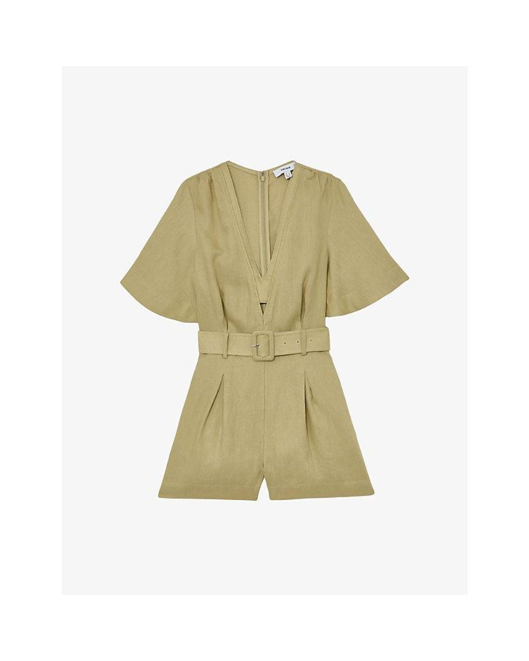 Reiss Green Sansi Short-Sleeve Belted Linen Playsuit