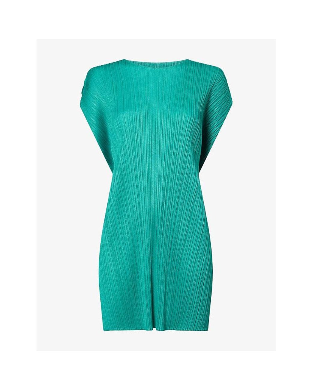 Pleats Please Issey Miyake Green Boxy-Fit Pleated Knitted Dress