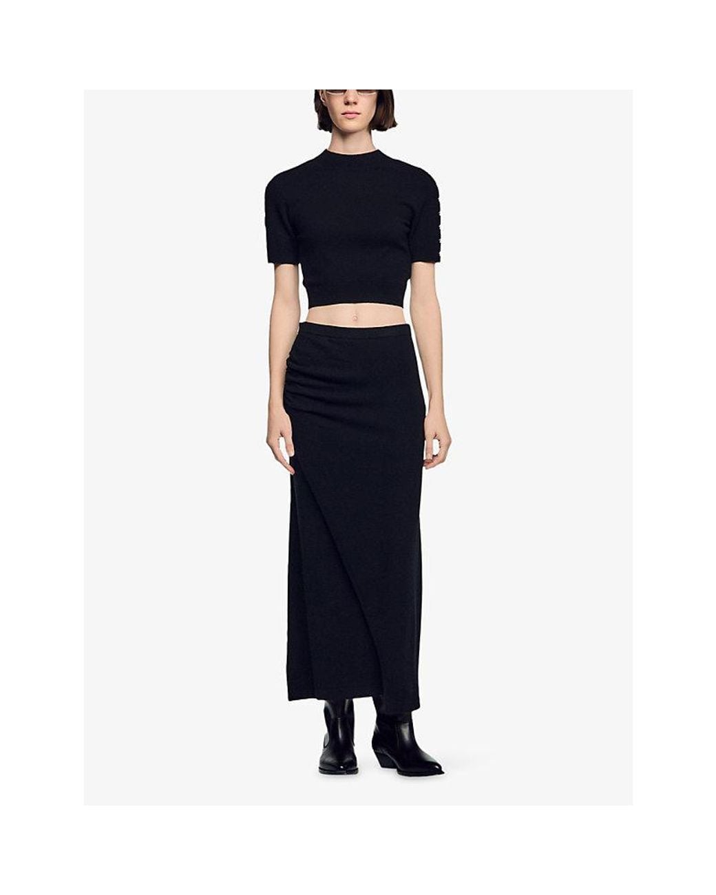 Sandro Black Stud-Embellished Cropped Wool And Cashmere Jumper